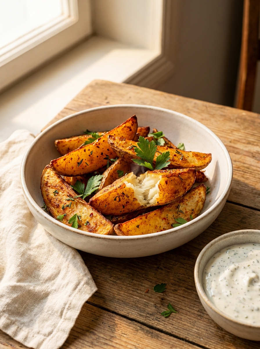 KI-generiertes Bild von goldbraunen Airfryer-Kartoffelspalten in einer Keramikschale mit Kräuterdip