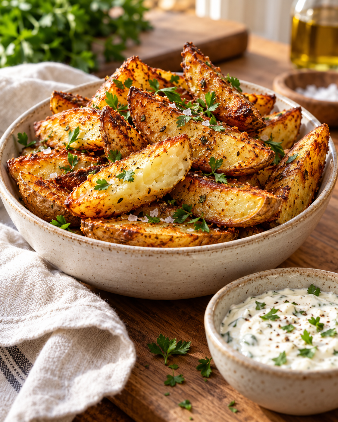 KI-generierte Illustration von goldbraunen Airfryer-Kartoffelspalten in einer Keramikschale mit Kräuterdip