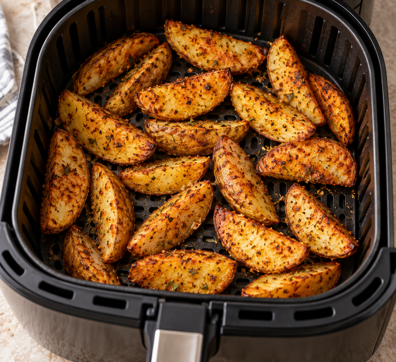 KI-generierte Illustration von Kartoffelspalten mit Abstand im Airfryer-Korb
