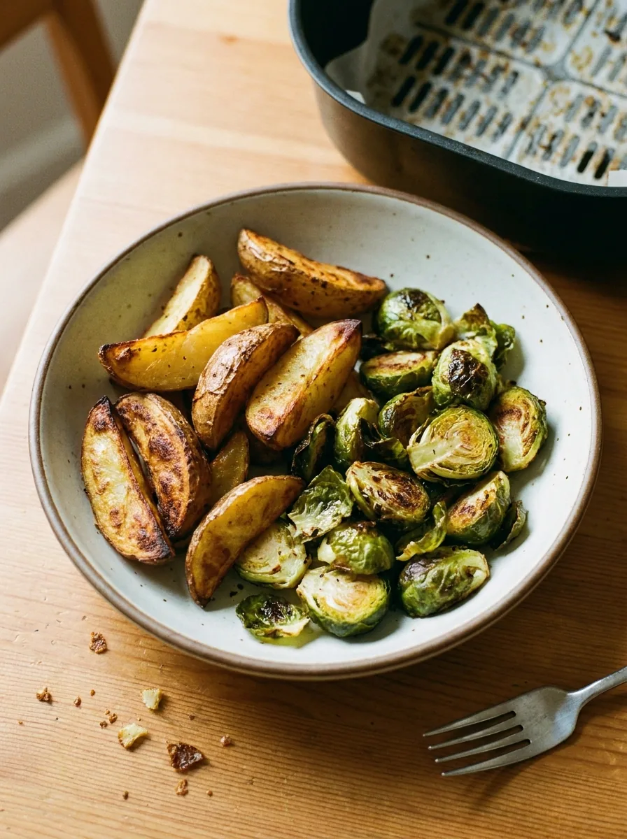 Illustrative Kartoffeln und gerösteter Rosenkohl aus dem Airfryer