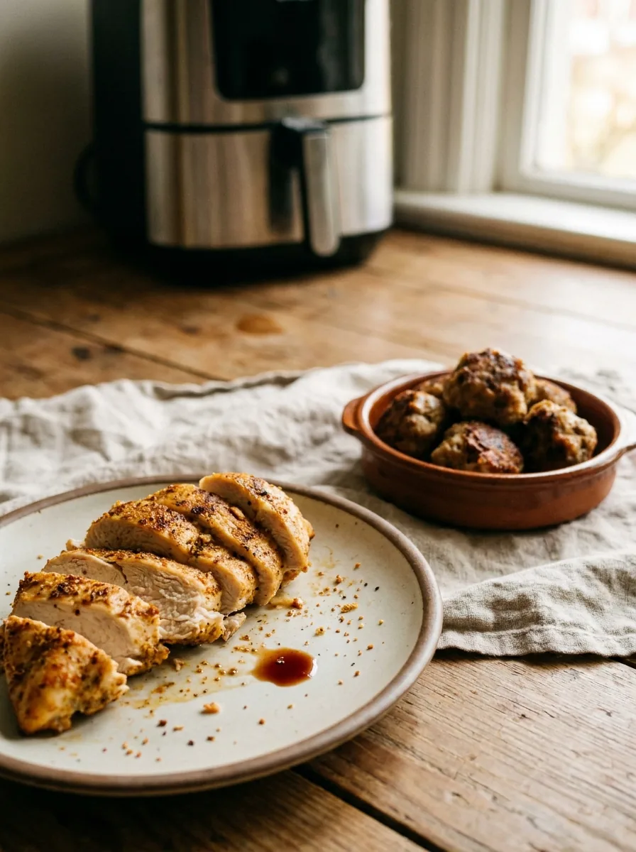 Illustrative Airfryer-Hähnchenbrust und Frikadellen