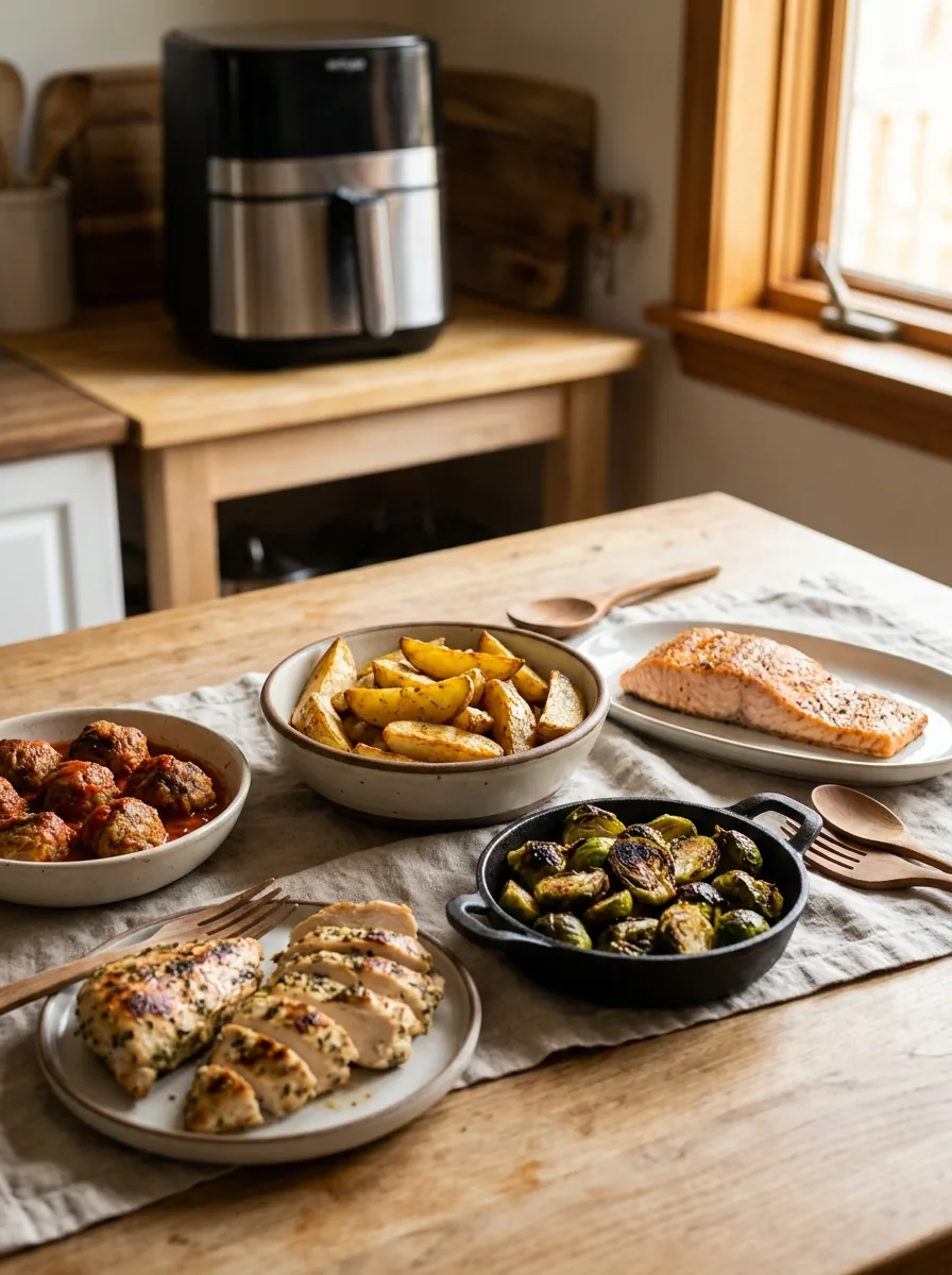 Illustrative Auswahl von Kartoffeln, Rosenkohl, Hähnchen, Frikadellen und Lachs aus dem Airfryer