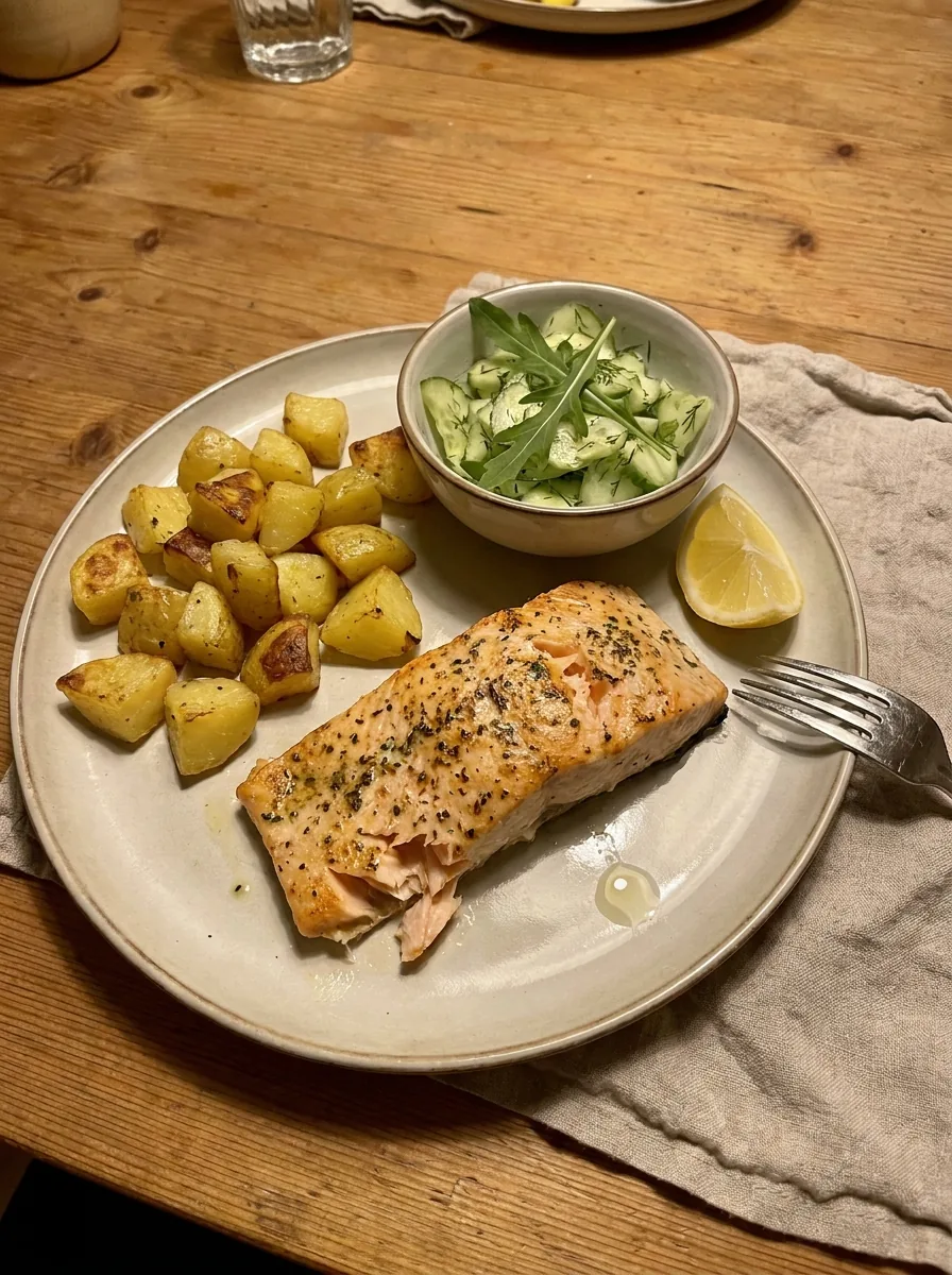 Illustrativer Airfryer-Lachs mit Kartoffeln und Salat
