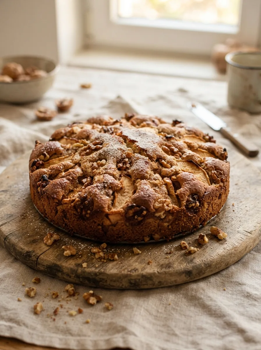 Illustrativer goldbrauner Apfel-Walnuss-Kuchen mit Zimt und gerösteten Walnüssen