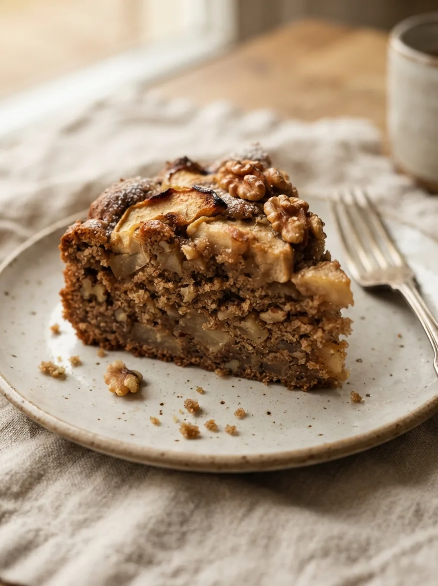 Illustratives Kuchenstück mit sichtbaren Apfelstücken und Walnüssen