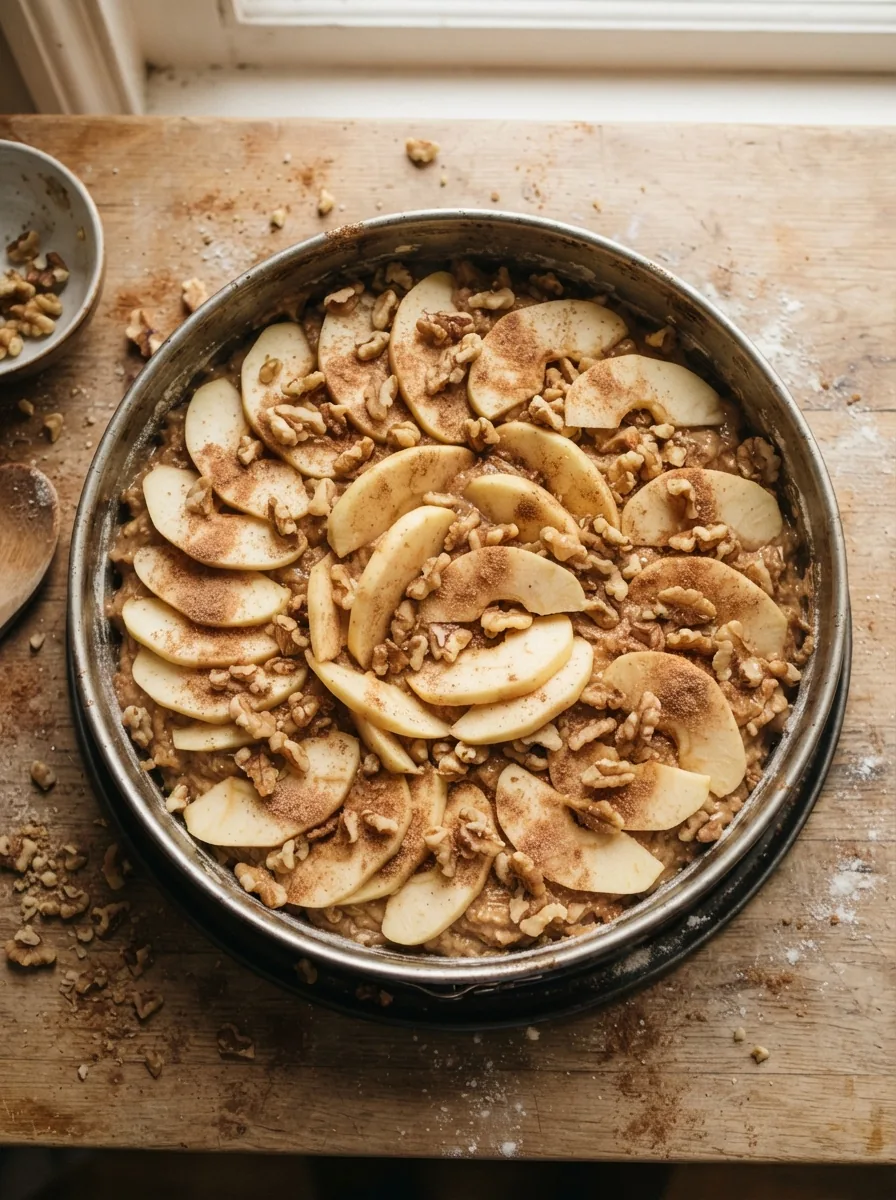 Illustrativer Apfel-Walnuss-Kuchen mit Apfelspalten vor dem Backen