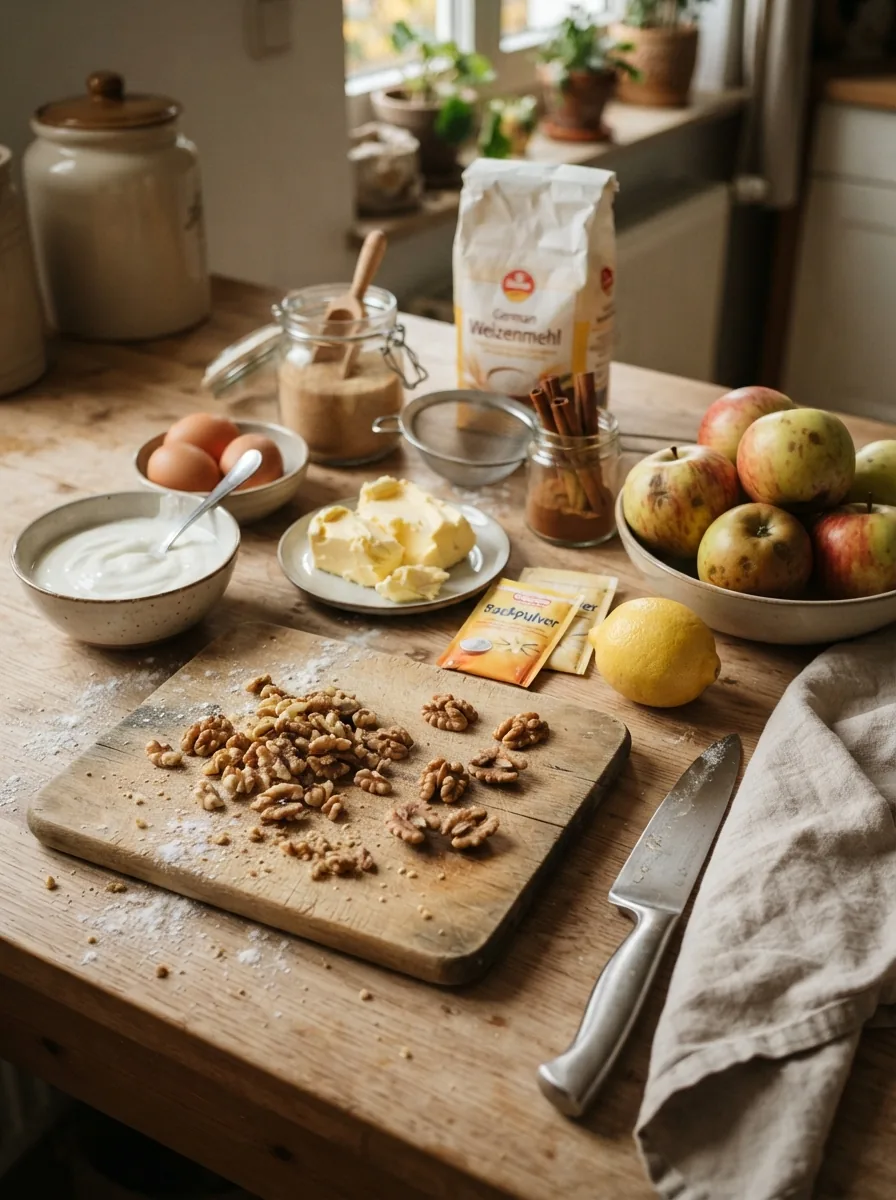 Illustrative Äpfel, Walnüsse, Butter, Joghurt und Zimt für den Kuchen