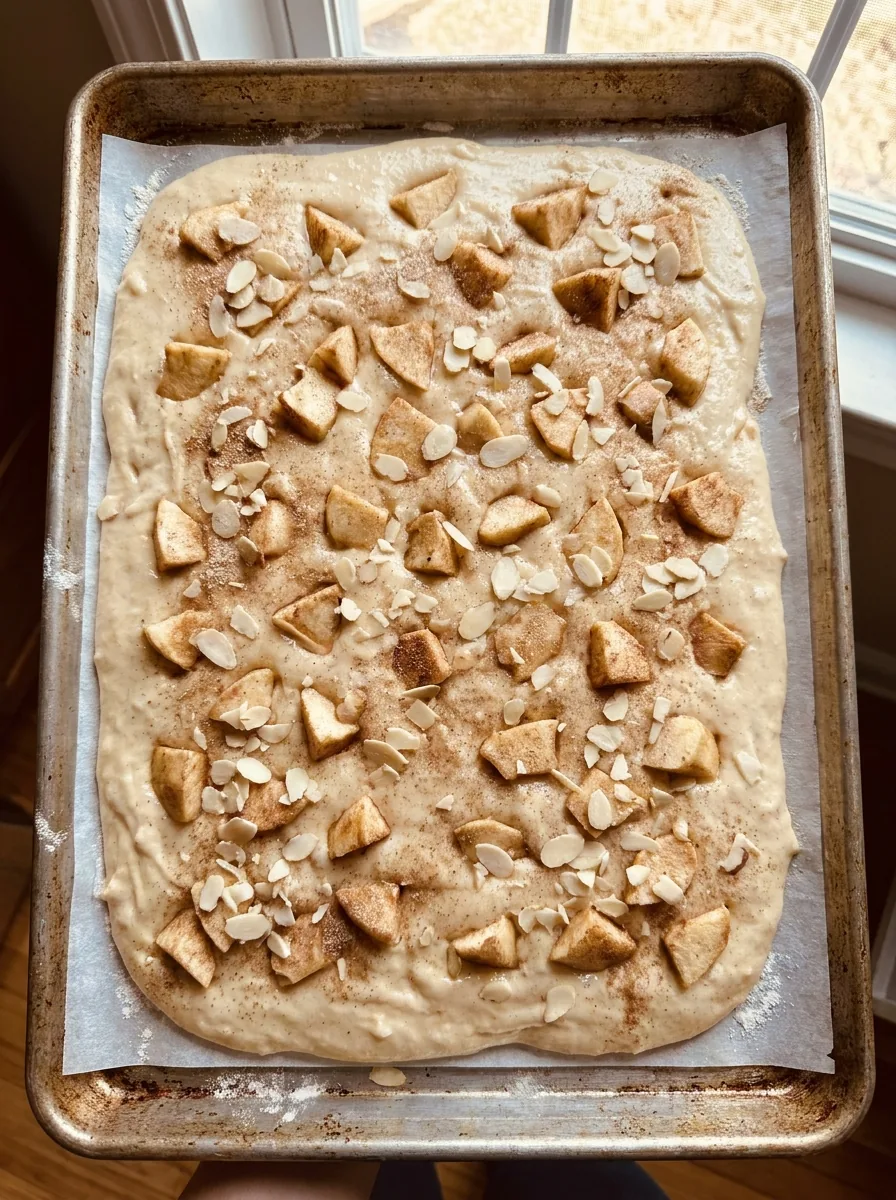 Illustrativer Apfel-Zimt-Kuchen mit Apfelstücken vor dem Backen