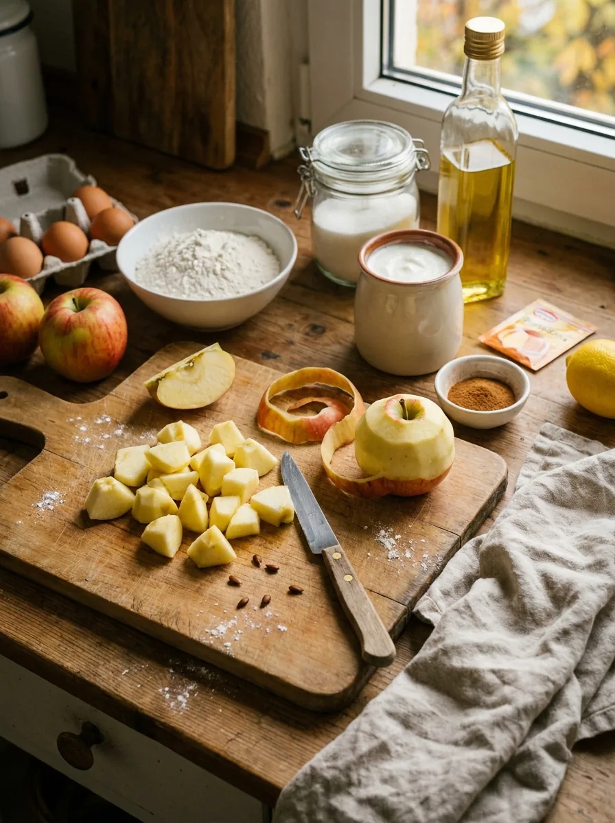 Illustrative Zutaten für Apfel-Zimt-Kuchen vom Blech