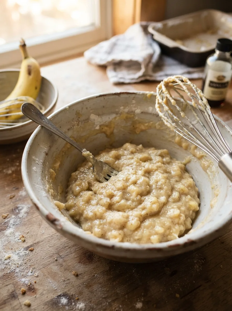 Illustrative zerdrückte Bananen mit Butter, Eiern und Joghurt