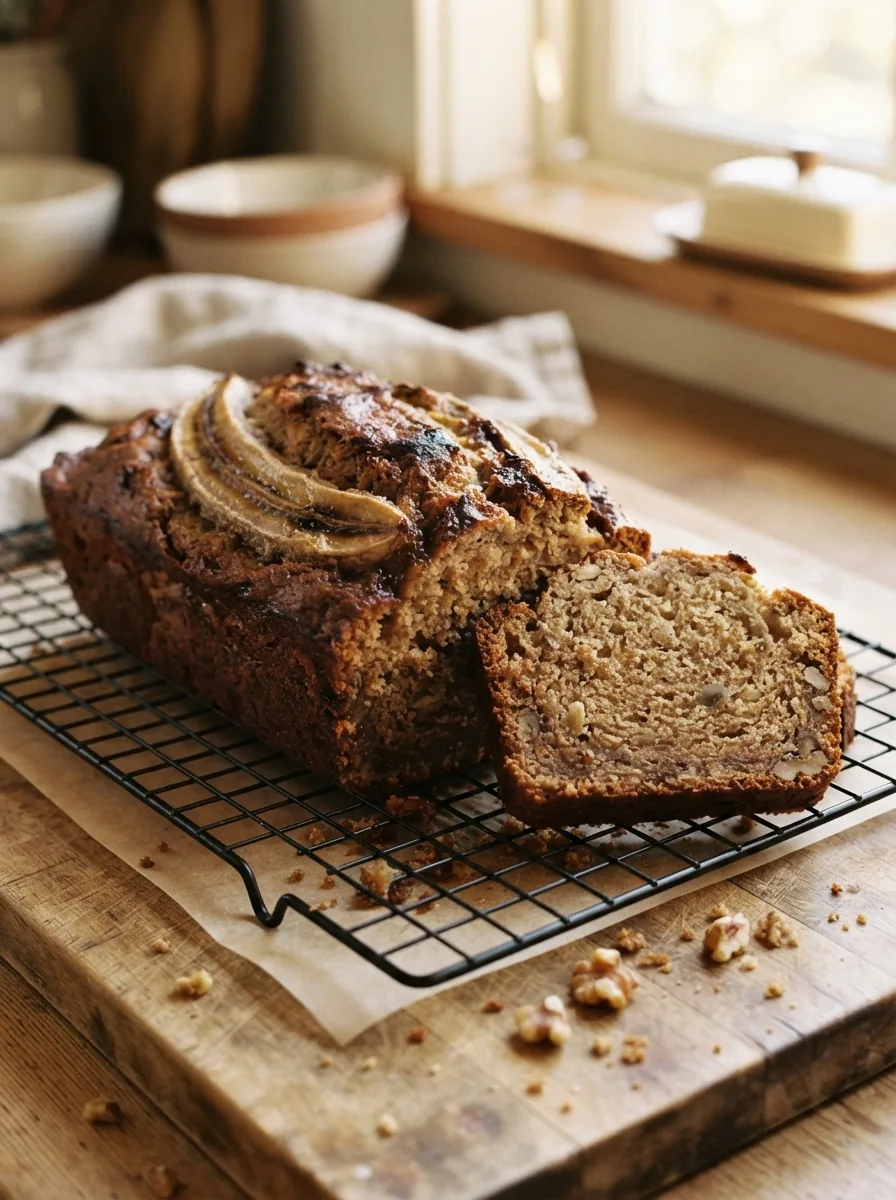 Illustratives goldbraunes Bananenbrot mit gebackener Banane und angeschnittener Krume