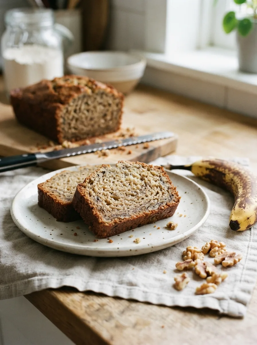 Illustrative saftige Bananenbrotscheiben mit weicher Krume und Walnüssen