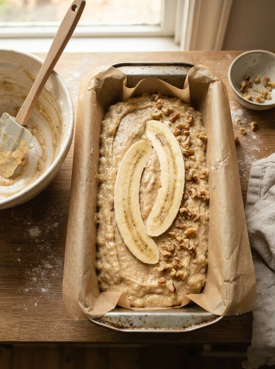 Illustrativer Bananenbrotteig mit halbierter Banane in einer Kastenform