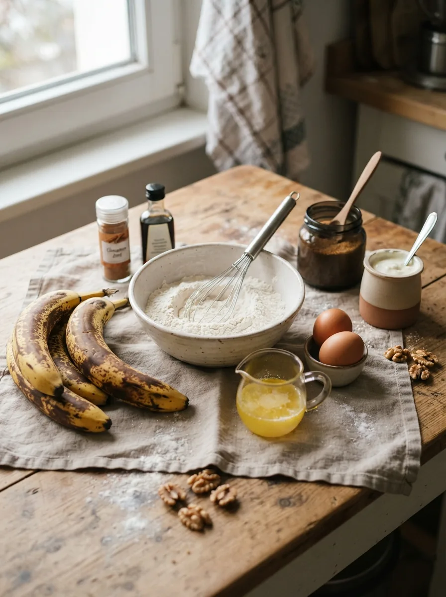 Illustrative sehr reife Bananen, Mehl, Eier, Butter und Joghurt für Bananenbrot