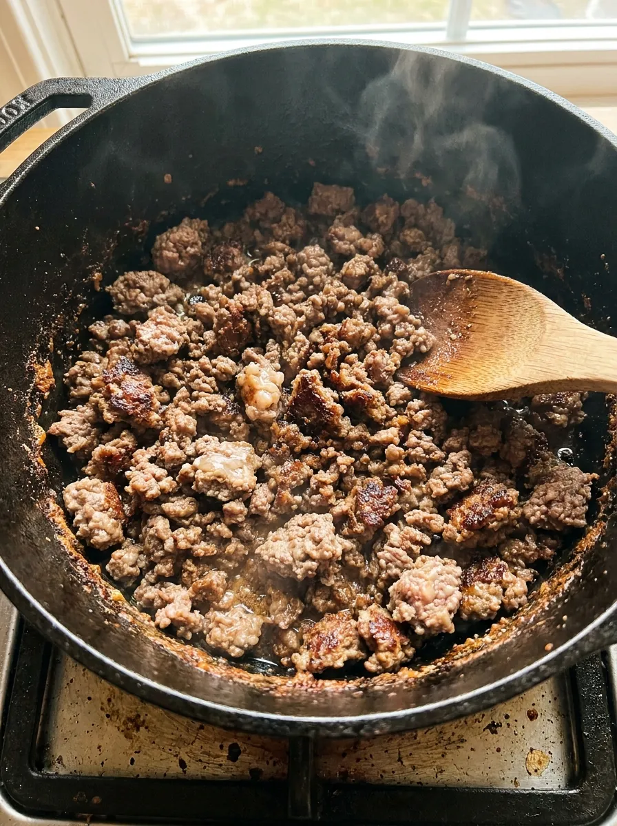 Illustratives Bild von kräftig angebratenem Hackfleisch in einem Topf