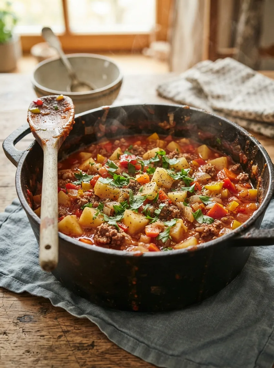 Illustratives Bild von Bauerneintopf mit Hackfleisch, Kartoffeln und Paprika
