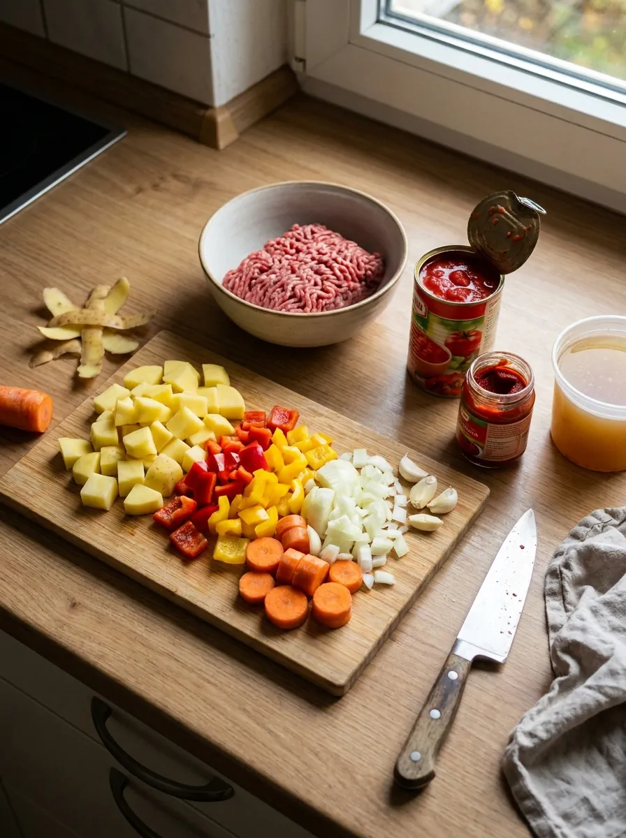 Illustratives Bild von Kartoffeln, Hackfleisch, Paprika und Möhren für Bauerneintopf