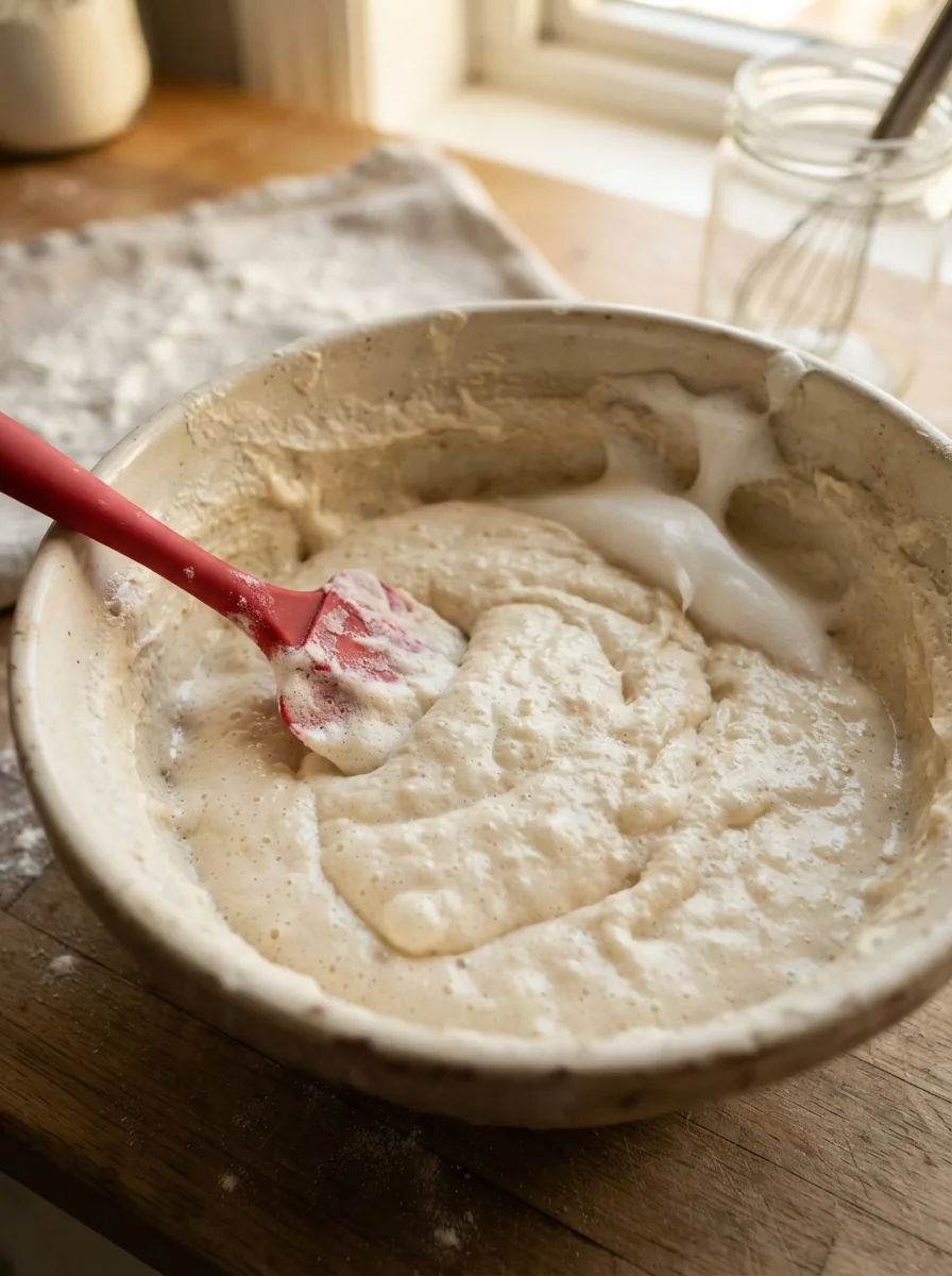 Illustrativer luftiger Waffelteig mit vorsichtig untergehobenem Eischnee