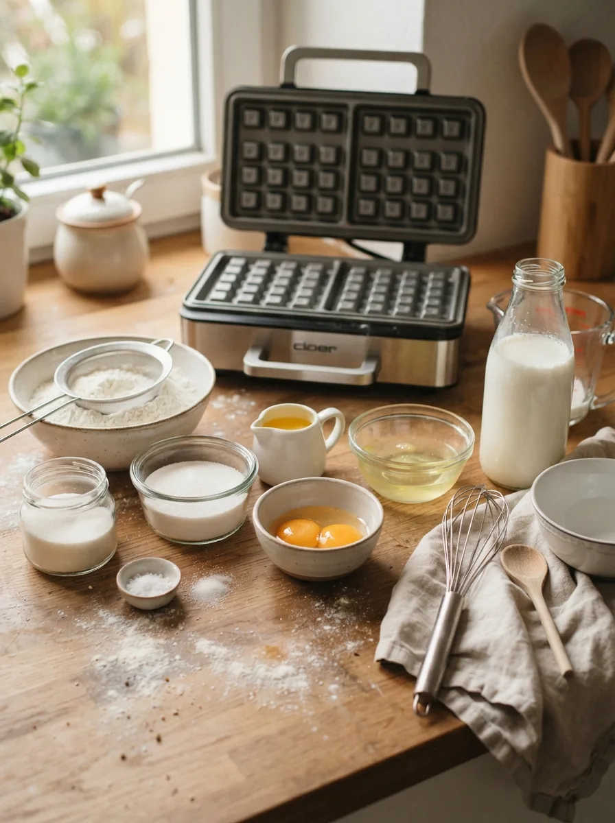 Illustrative Zutaten für belgische Waffeln mit Eiern, Milch, Butter und Mehl