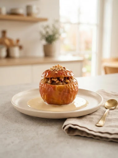 Warmer Bratapfel mit Marzipan, Nüssen und Vanillesauce als Weihnachtsdessert