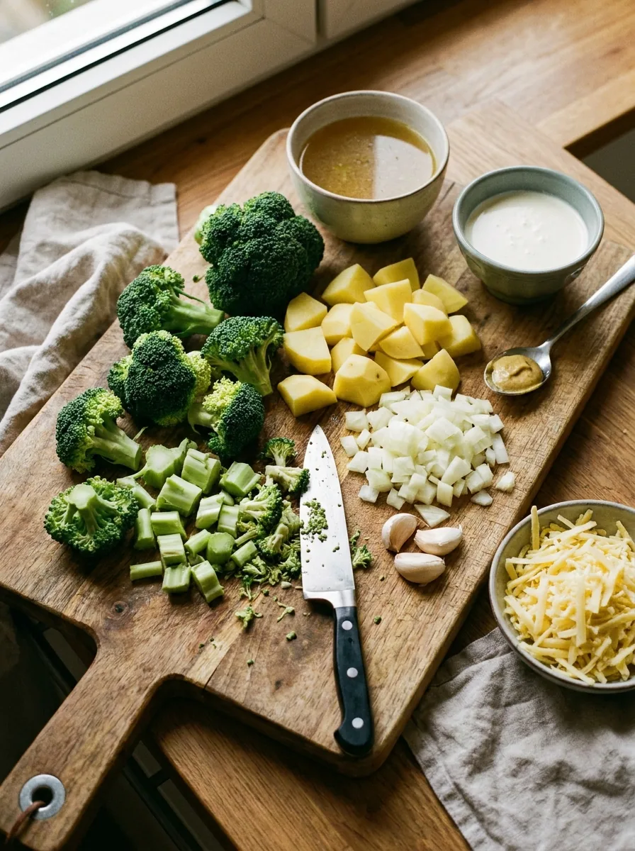 Illustrative Zutaten für Brokkoli-Käse-Suppe mit Kartoffeln und Käse