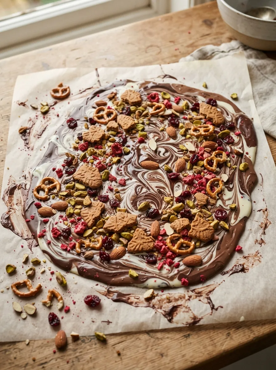 Illustrative marmorierte Bruchschokolade mit weihnachtlichen Toppings vor dem Festwerden