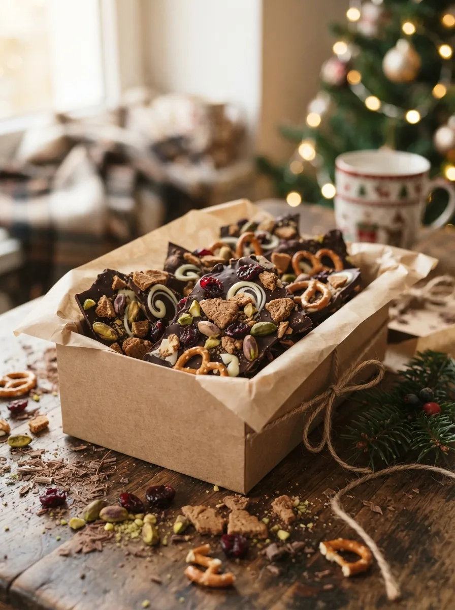 Illustrative Bruchschokolade mit Spekulatius und Nüssen in einer Geschenkbox