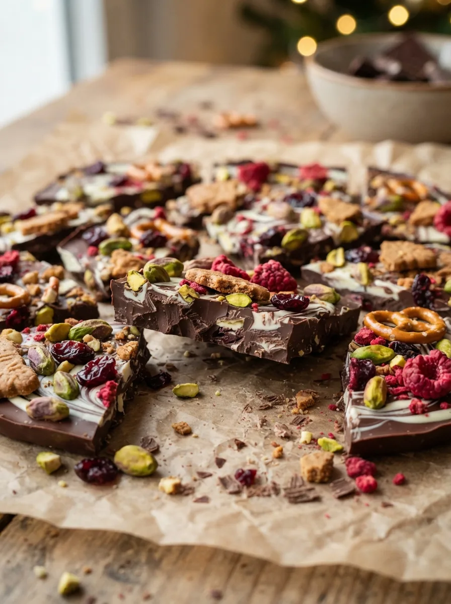 Illustrative weihnachtliche Bruchschokolade mit Schokoladenwirbeln, Spekulatius, Pistazien und Cranberrys