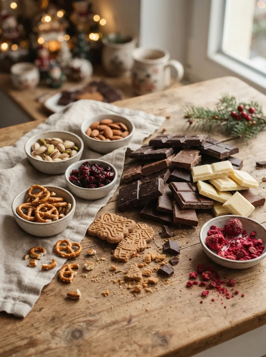 Illustrative Zutaten für Bruchschokolade mit drei Schokoladensorten, Spekulatius, Nüssen und Trockenfrüchten