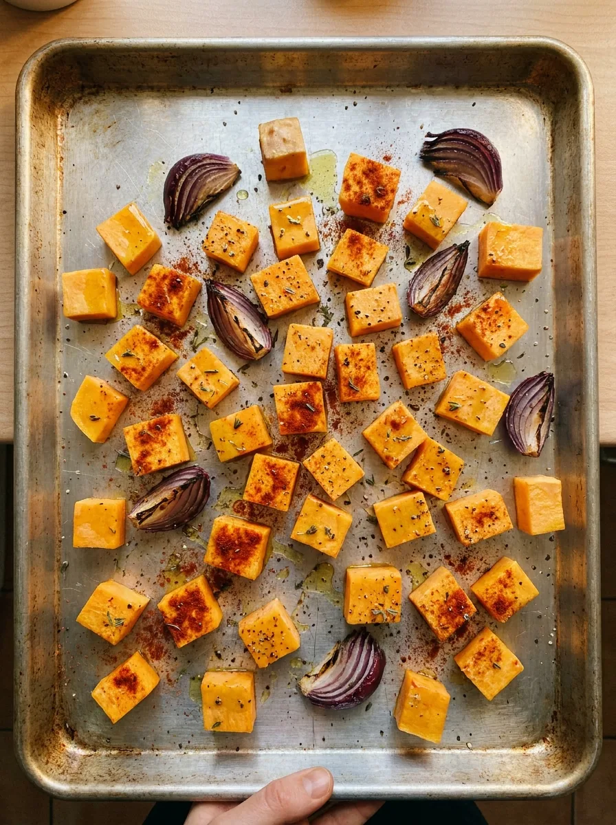 Illustrativer gewürzter Butternut mit Zwiebeln auf einem Backblech