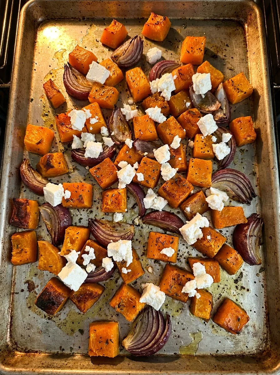 Illustrativer halb gerösteter Butternut-Kürbis mit Feta