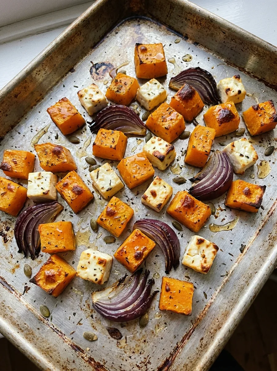 Illustrativer goldbraun gerösteter Butternut-Kürbis mit Feta