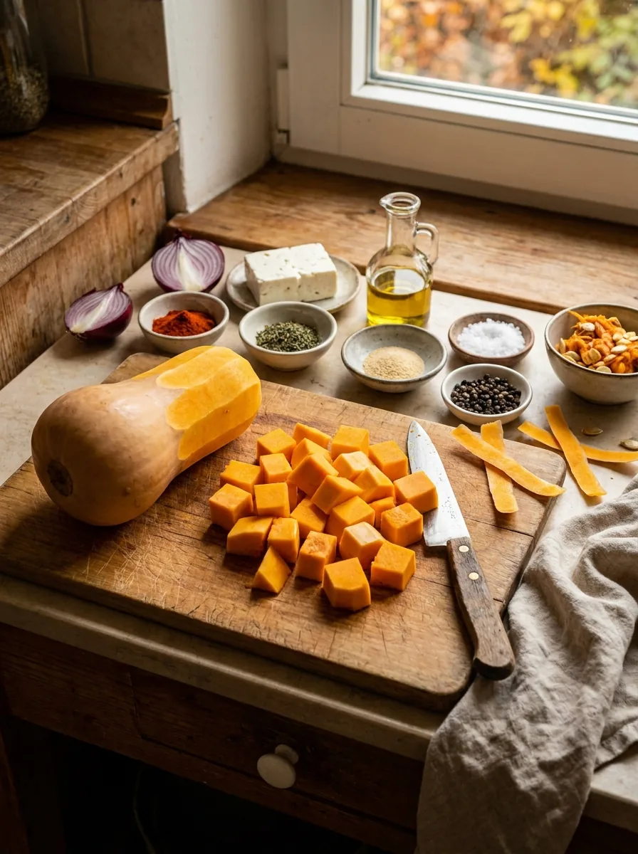 Illustrativer geschälter und gewürfelter Butternut-Kürbis