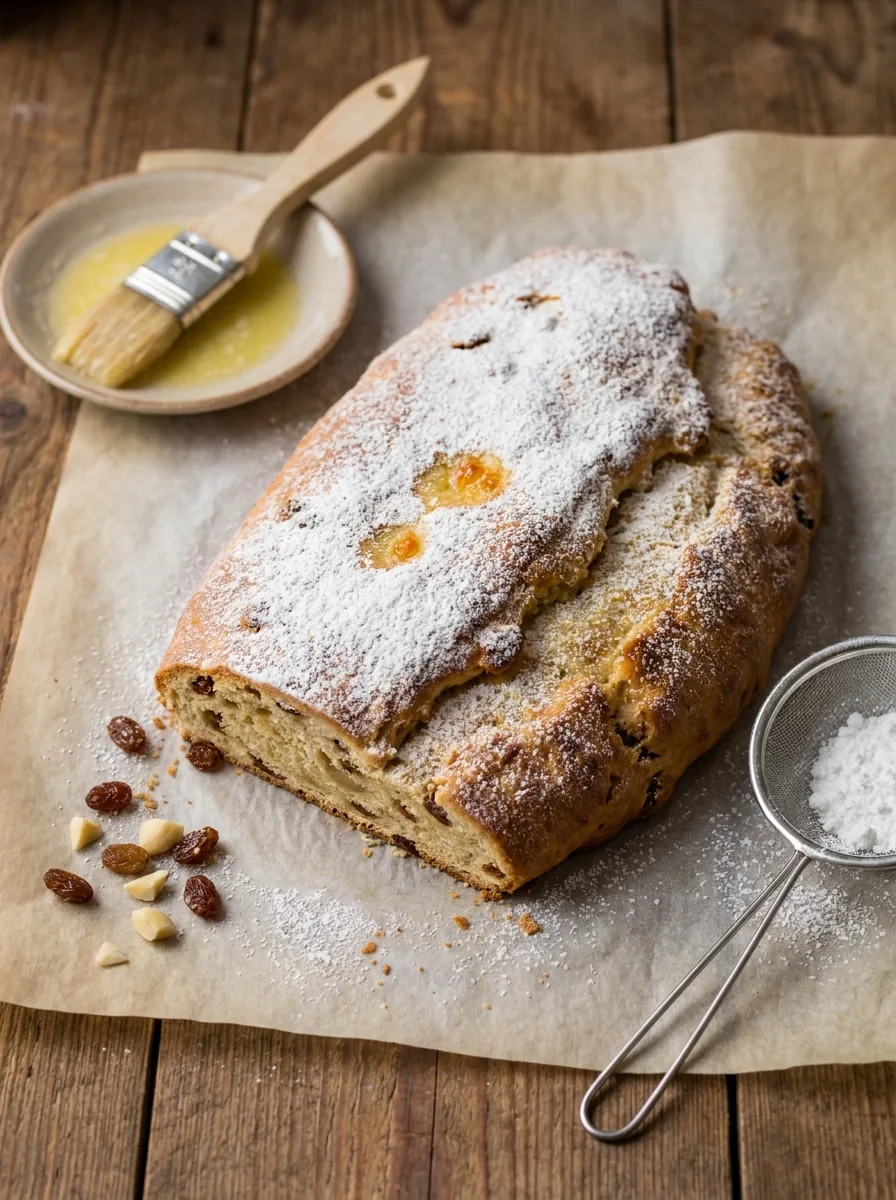 Illustrativer gebackener Christstollen mit Butter und Puderzucker
