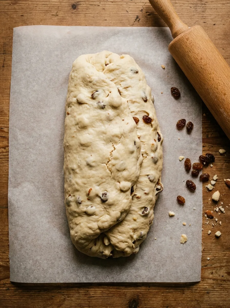 Illustrativer handgeformter Christstollen vor dem Backen