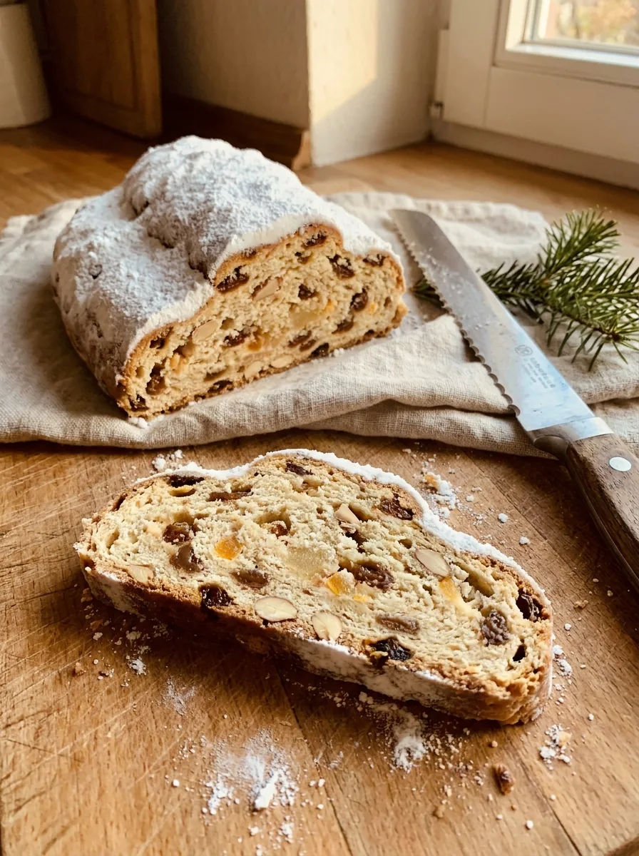 Illustrative Scheibe saftiger Christstollen mit Rosinen, Mandeln und Puderzucker