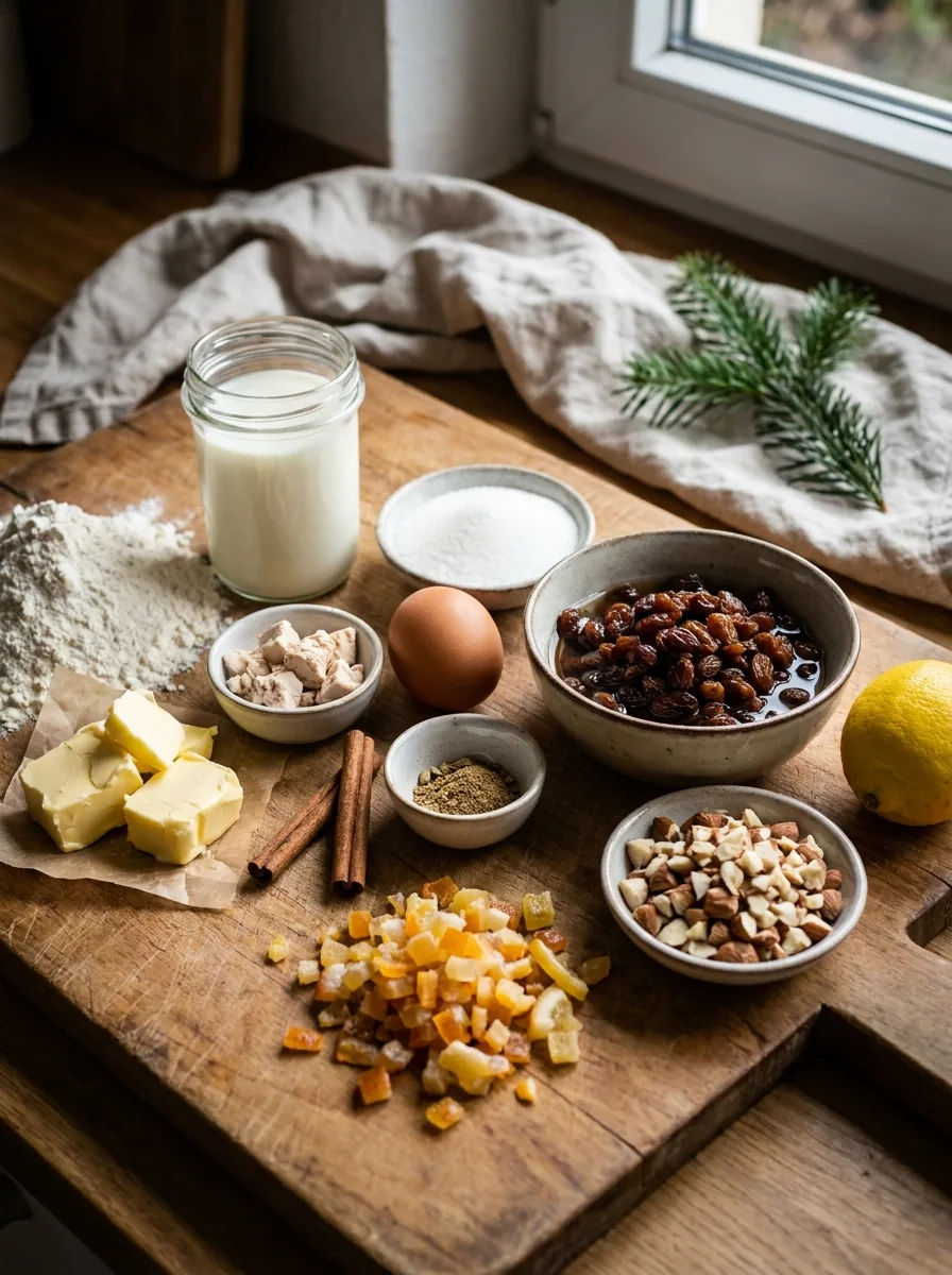 Illustrative Zutaten für Christstollen mit Rosinen, Mandeln und Butter