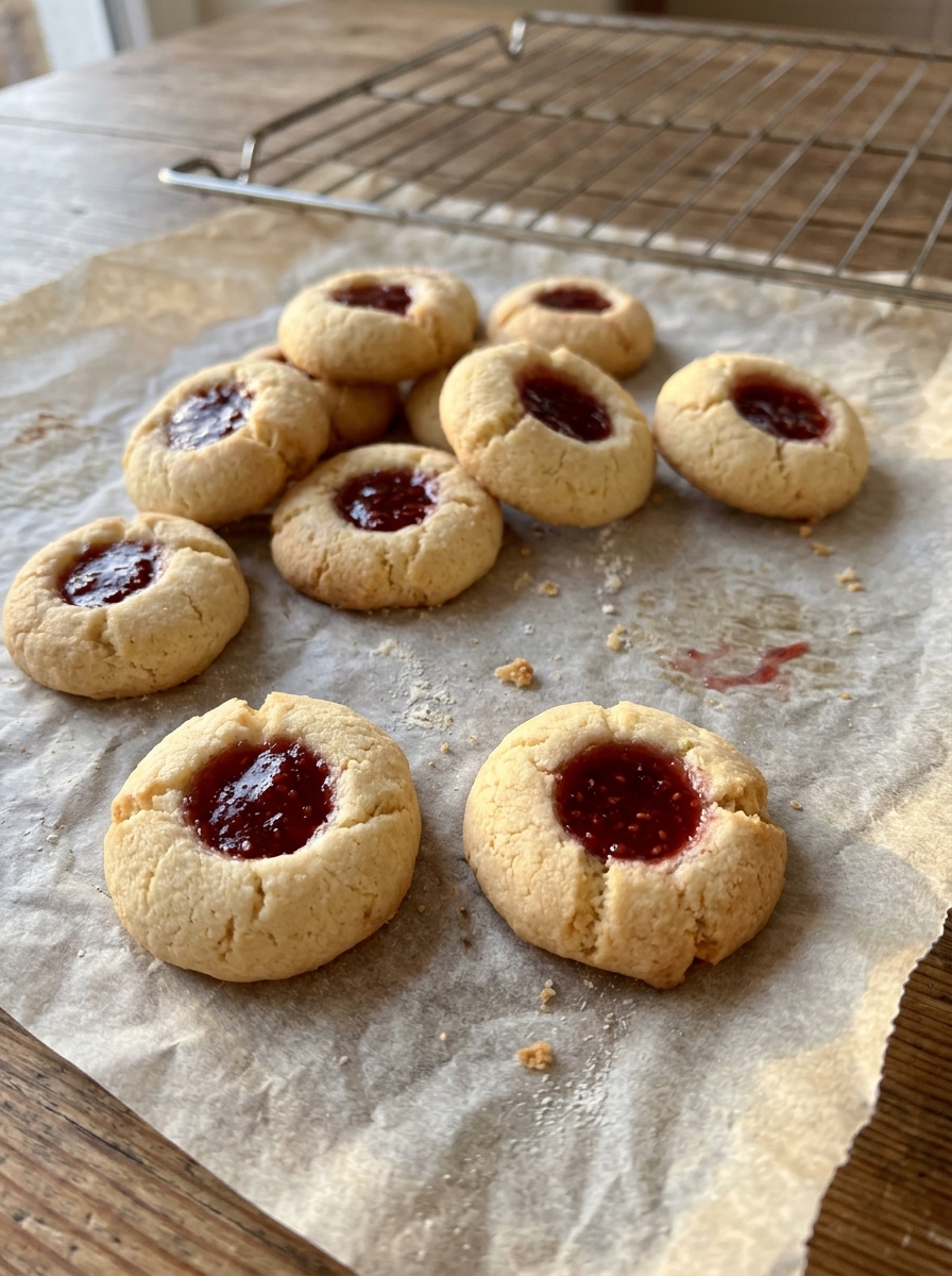 Frisch gebackene Engelsaugen mit roter Marmelade in der Mitte