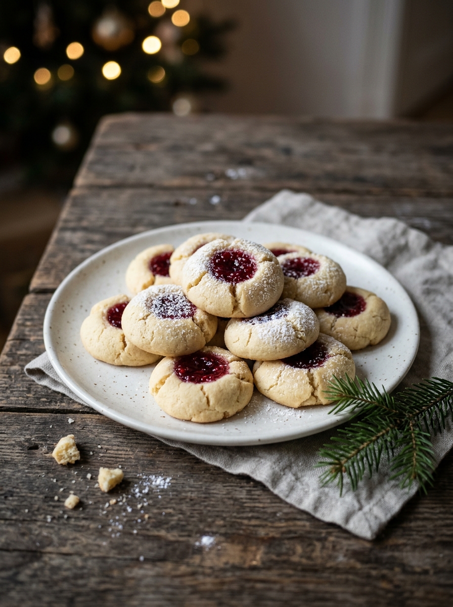 Mürbe Engelsaugen mit roter Marmelade auf einem weihnachtlichen Plätzchenteller