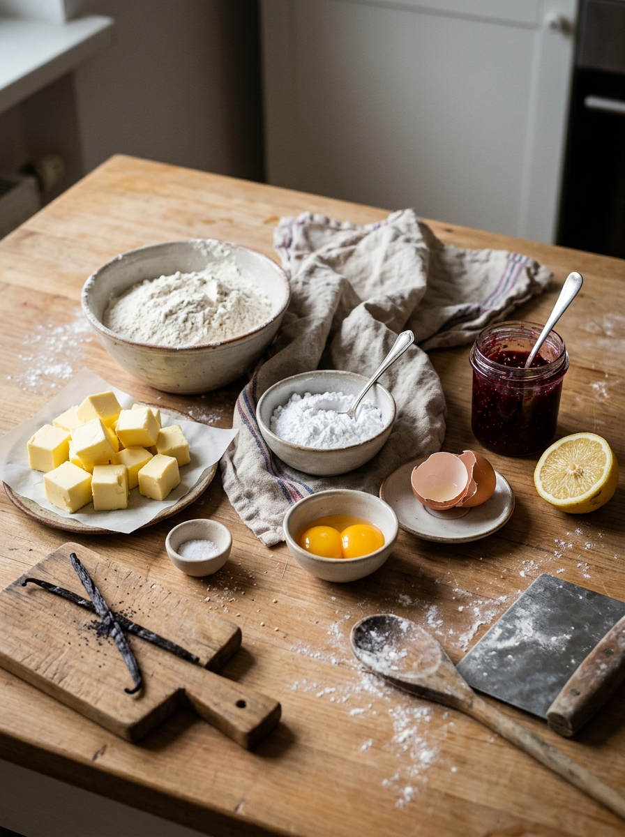 Zutaten für Engelsaugen mit Mürbeteig und roter Marmelade