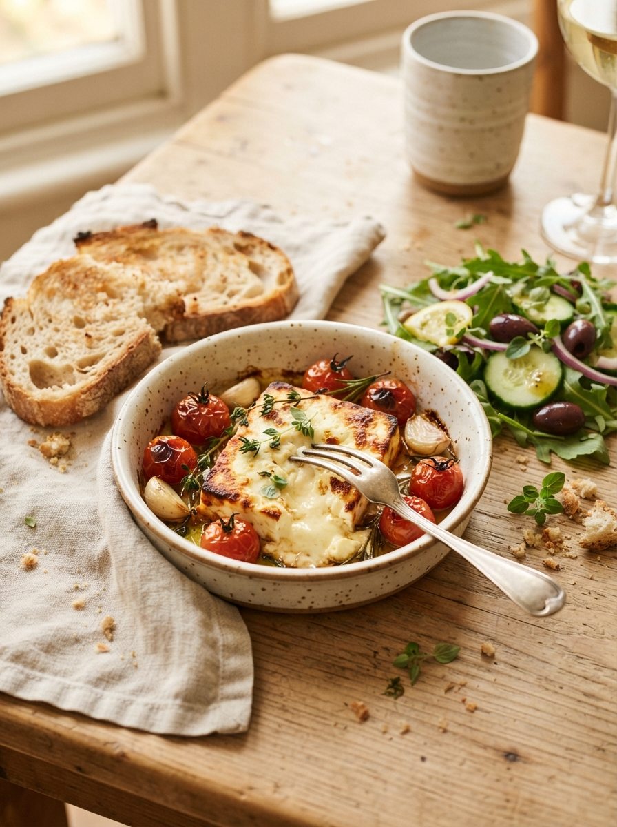 Feta aus dem Airfryer mit Tomaten, Brot und Salat als schnelles vegetarisches Abendessen