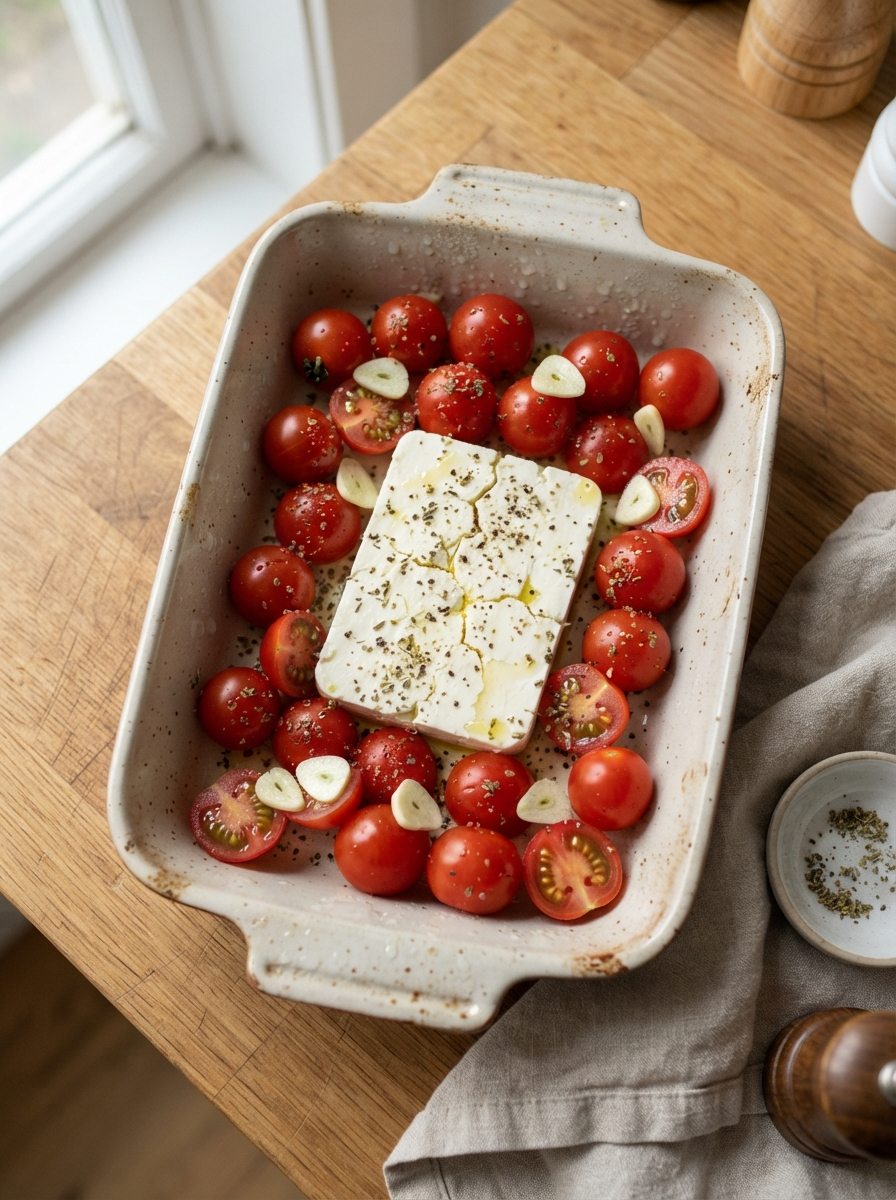 Feta mit Cherrytomaten und Gewürzen vor dem Garen im Airfryer