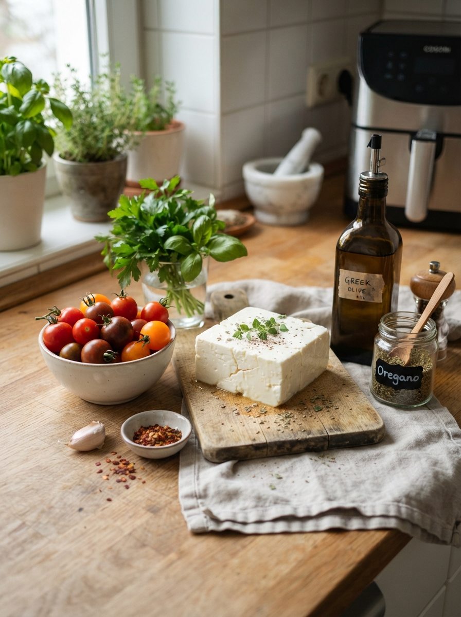 Zutaten für Feta aus dem Airfryer mit Tomaten, Knoblauch und Kräutern