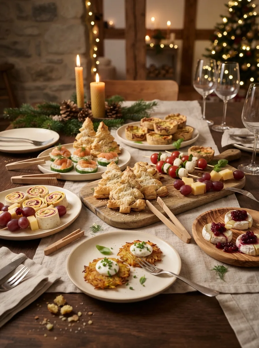 Illustratives Weihnachtsbuffet mit verschiedenen kleinen Fingerfood-Häppchen