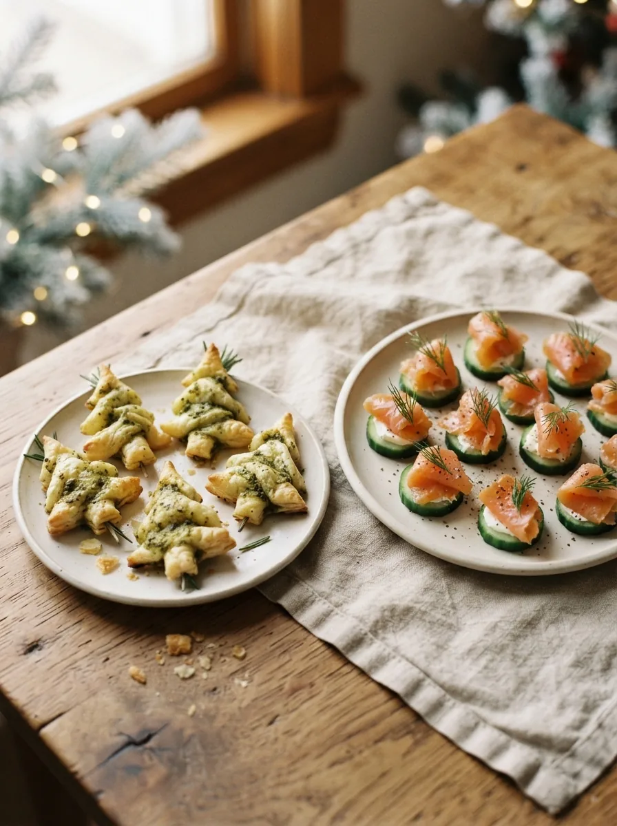 Illustrative Pesto-Tannenbäume aus Blätterteig und Lachs-Gurken-Häppchen