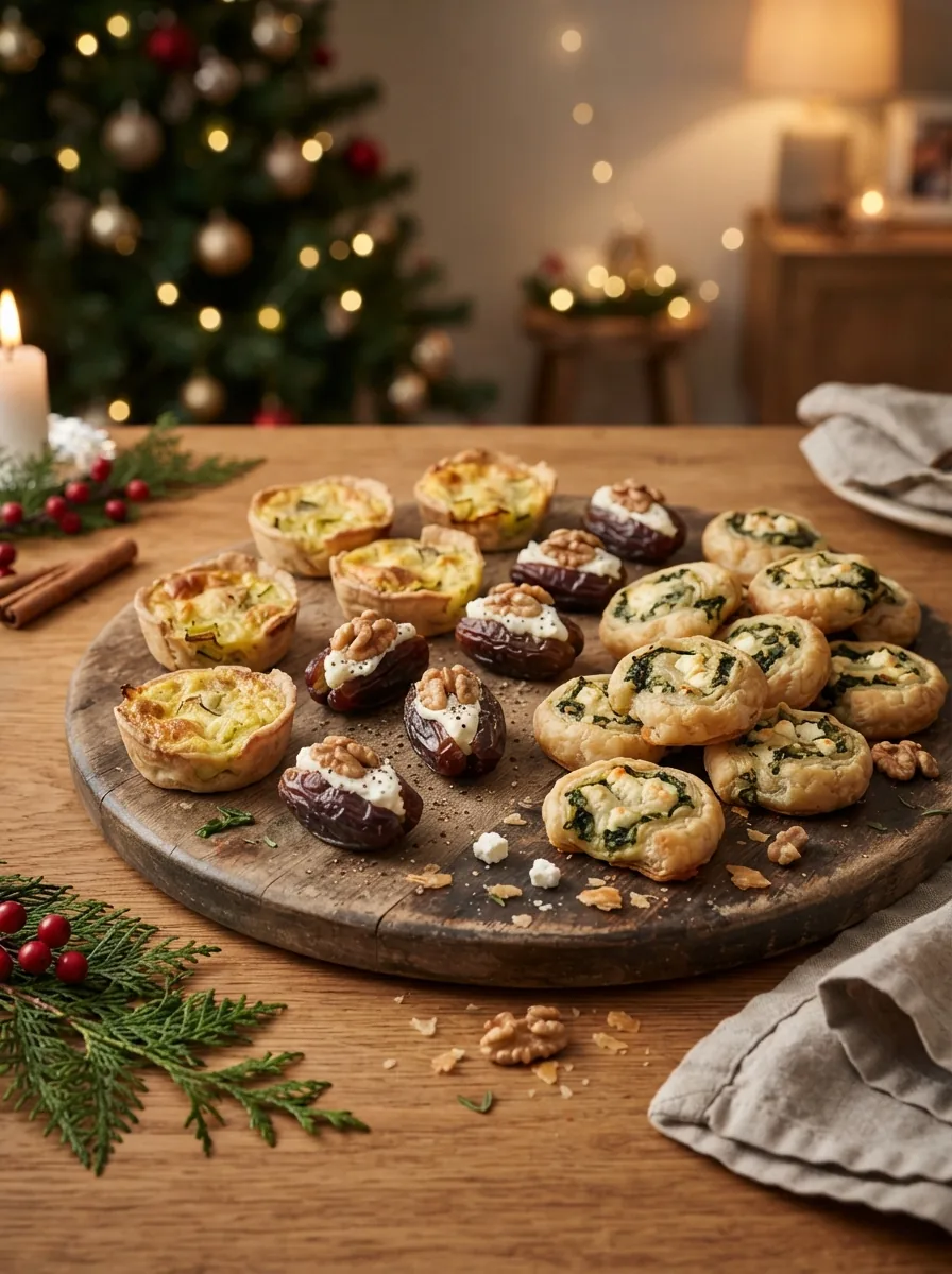 Illustrative Auswahl warmer Weihnachts-Häppchen mit Blätterteig und Mini-Quiches