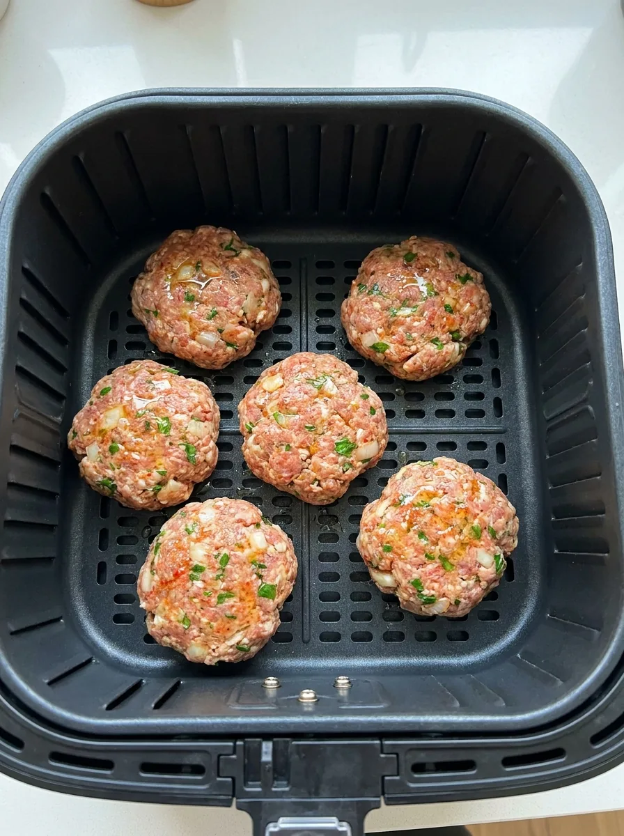 Illustrative rohe Frikadellen mit Abstand im Airfryer-Korb