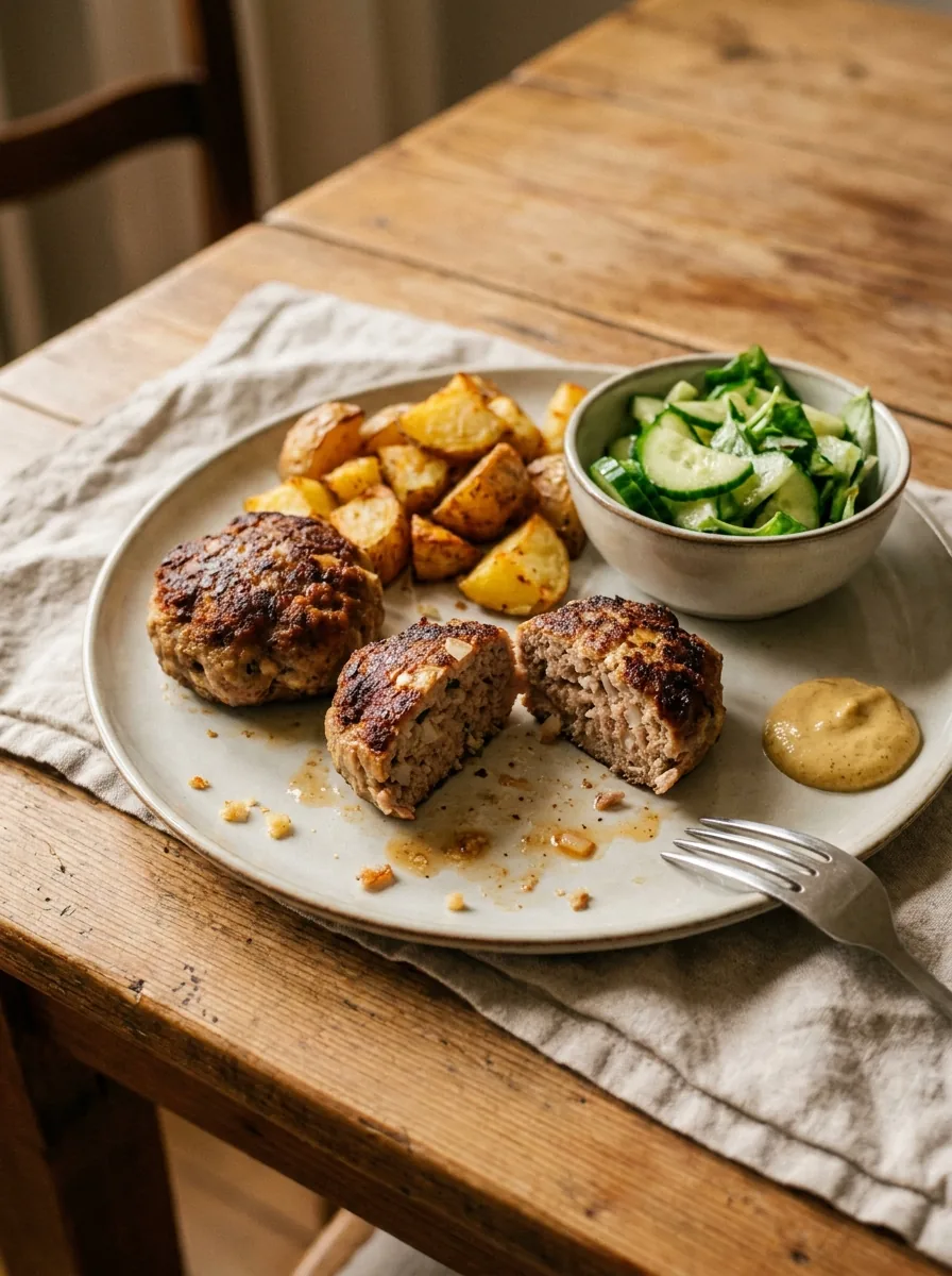Illustrative Frikadellen mit Kartoffeln und Salat