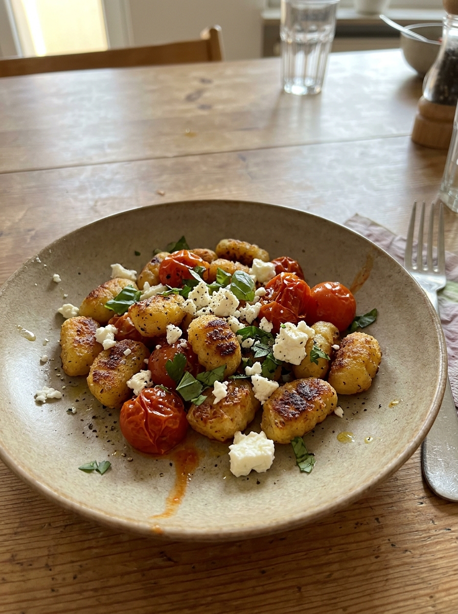 Knusprige Airfryer-Gnocchi mit Feta und Cherrytomaten