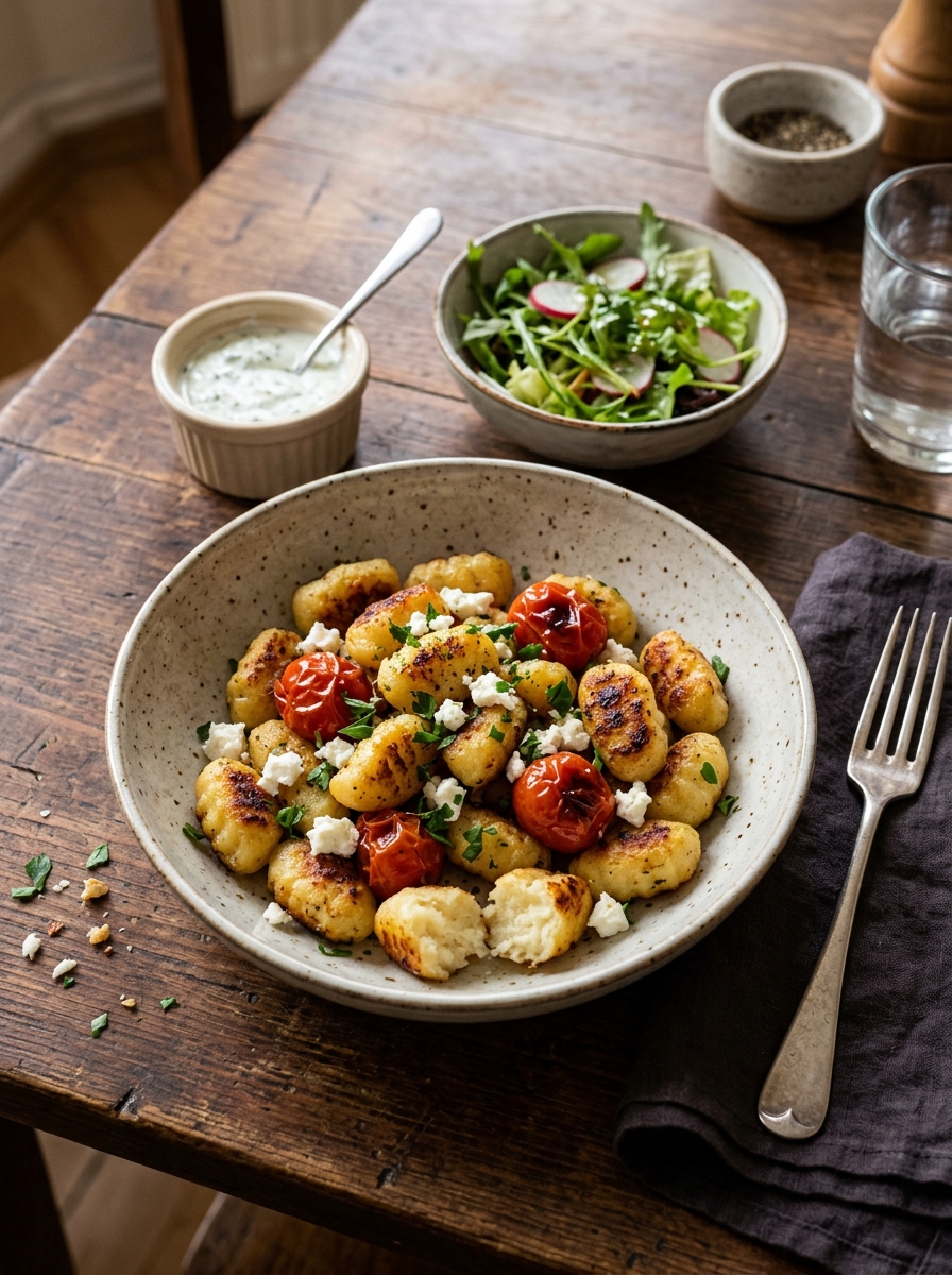 Knusprige Gnocchi aus dem Airfryer mit Tomaten, Kräutern, Dip und Salat